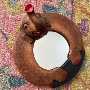 Vintage 7.5" Brown Elephant Wall Mirror Folk Art Indonesia